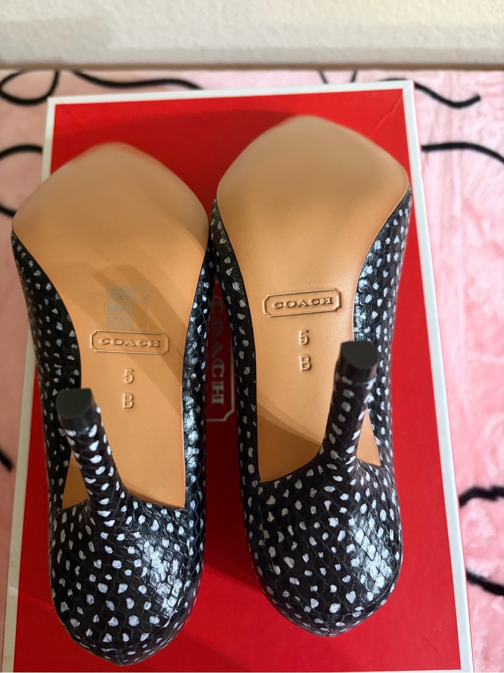 Coach Black and White Polka Dot Pointed-Toe Pumps with Gold Accent - Picture 6 of 6